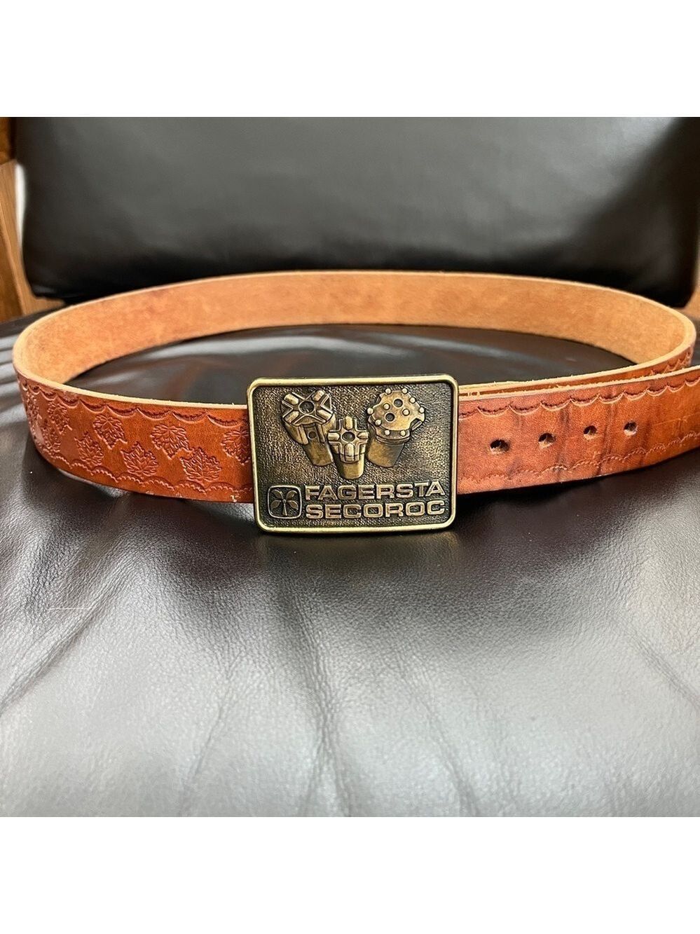 VINTAGE Belt Buckle Mining Drilling Fagersta Secoroc Leather Belt Maple Leaves